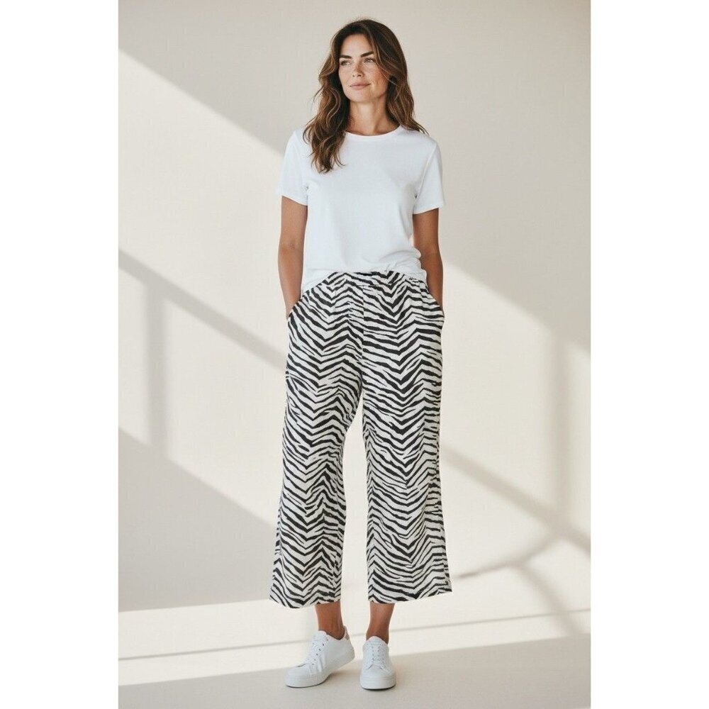 Tahari 100% Linen Wide Leg Pants Brown White Zebra Print Size L - Picture 2 of 6